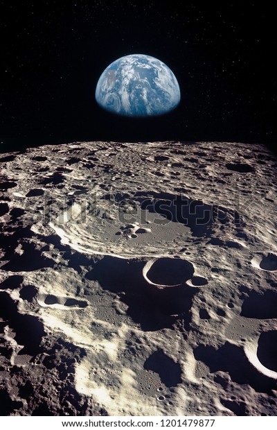 Earth rises above lunar horizon.  Elements of this\
image furnished by NASA.