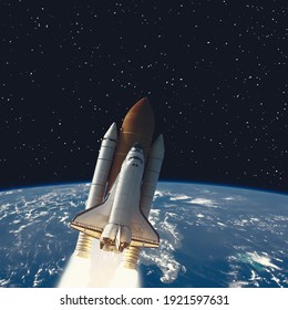 Earth And Rocket In Space. The Elements Of This Image Furnished By NASA.

