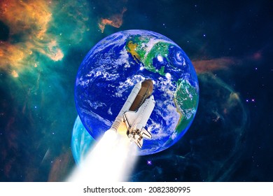 Earth and rocket in space. The elements of this image furnished by NASA.