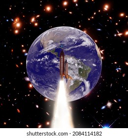 Earth And Rocket In Space. The Elements Of This Image Furnished By NASA.

