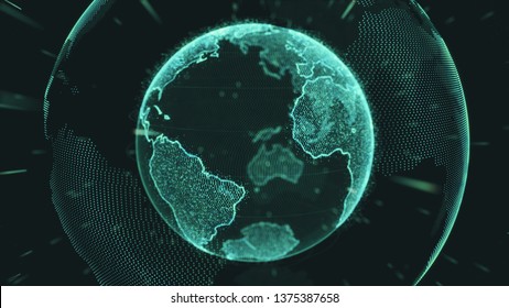Earth rotating loop of rotating glowing dots stylised world globe with orbits