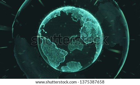 Earth rotating loop of rotating glowing dots stylised world globe with orbits