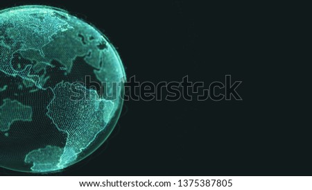 Earth rotating loop of rotating glowing dots stylised world globe with orbits with copy space