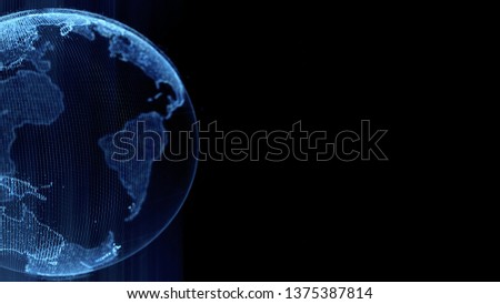Earth rotating loop of rotating glowing dots stylised world globe with orbits with copy space
