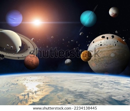 Earth and solar system planets. Sun, Mercury, Venus, Earth, Mars, Jupiter, Saturn, Uranus, Neptune, Pluto, Asteroid Belt. Sci-fi background. Elements of this image furnished by NASA. 