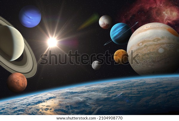 Earth and\
solar system planets, sun and star. Sun, Mercury, Venus, Earth,\
Mars, Jupiter, Saturn, Uranus, Neptune, Pluto. Sci-fi background.\
Elements of this image furnished by NASA.\

