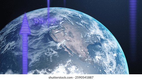Earth from space with purple arrows and data processing image. Globe, technology, analysis, digital, infographic, connection
