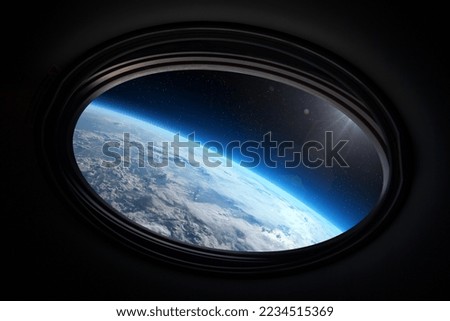 Earth in spaceship international space station porthole. Travel and tourists in space, concept. Science fiction art. Elements of this image furnished by NASA. 