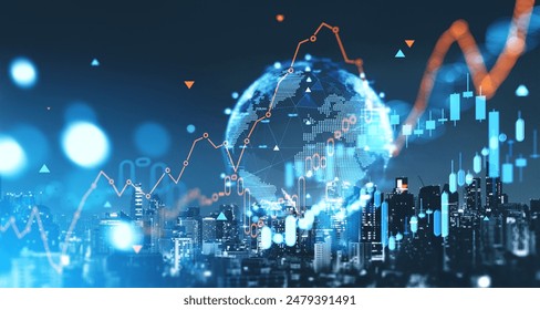 Earth sphere hologram with candlesticks and growing lines. Panoramic Bangkok cityscape at night. Concept of forex and investment, online trading and global market - Powered by Shutterstock