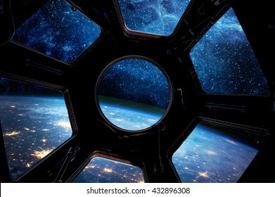 Earth And Star In Spaceship Window Porthole. Elements Of This Image Furnished By NASA