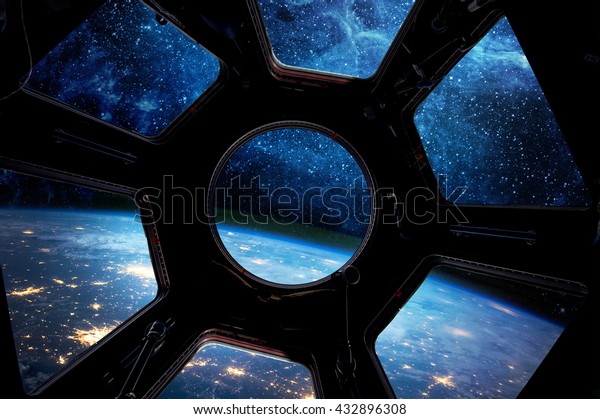 Earth and star in spaceship window\
porthole. Elements of this image furnished by\
NASA
