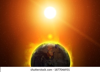 Tierra y Sol. Calentamiento global, expansión del sol, recalentamiento del planeta, aumento de la temperatura del sol, el agujero del ozono. Cataclismo terrestre, concepto de desastre del calentamiento global. Este furnio de elementos de imagen