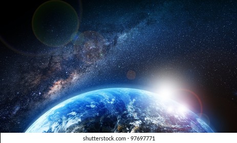 Earth Sunrise And Milky Way Illustration. First Sun Lights. Space Illustrations Collection.