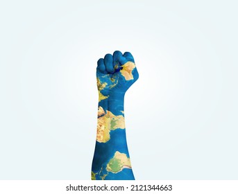 Earth Textured Hand Fight For Human Rights Concept. Labor Day Hand Concept- Revolution, Protest, People, Power, Worker Strike, Election Movement. Fight For Your Right!