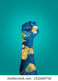 Earth Textured Hand Fight For Human Rights Concept. Labor Day Hand Concept- Revolution, Protest, People, Power, Worker Strike, Election Movement. Fight For Your Right!
