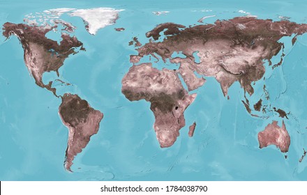 Earth view from space, world physical map with texture on satellite photo. Flat projection of globe, detailed continents surface on world map. Elements of this image furnished by NASA.