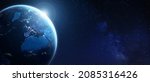 Earth viewed from space for global business, technology, finance, worldwide communications, internet concepts. Wide panoramic background for banner. World with city light in Europe. Elements from NASA