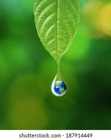 Earth in water drop reflection under green leaf, Elements of this image furnished by NASA - Shutterstock ID 187914449