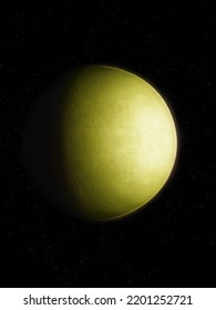 Earth-like Planet In Yellow Green Color. Rocky Exoplanet In Deep Space.
Planetary Moon On A Black Background.