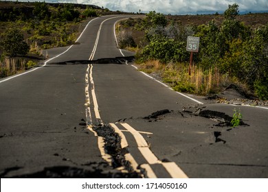 Earthquake Damaged Road In Hawaii Volcanoes National Park From Eruption.