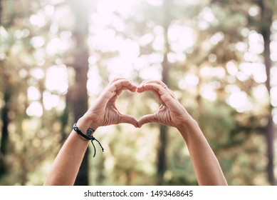 Earth's Day Concept With Pair Of Human People Hang Doing Hearth Symbol With Beautiful Defocused Forest In Background - No Fire And Deforestation Message For Future Generation And Healthy Planet