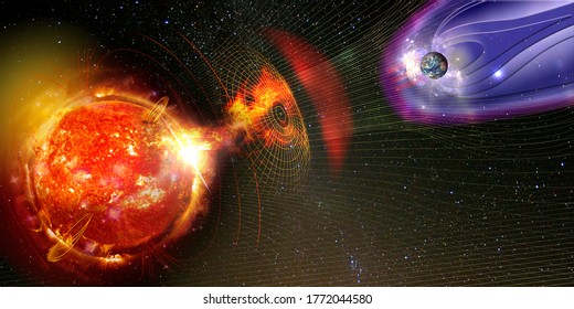 Earth's magnetic field against Sun's solar wind, flow of particles. Element of this image is furnished by NASA