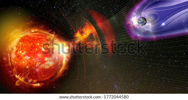 Earth\'s magnetic field\
against Sun\'s solar wind, flow of particles. Element of this image\
is furnished by NASA