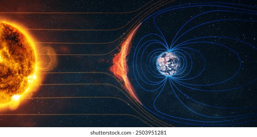 Earth's magnetic field. Sun-Earth connection space weather. Blasts of perticles and magnetic field from the sun impact magnetosphere. Magnetic bubble around the Earth. plasma