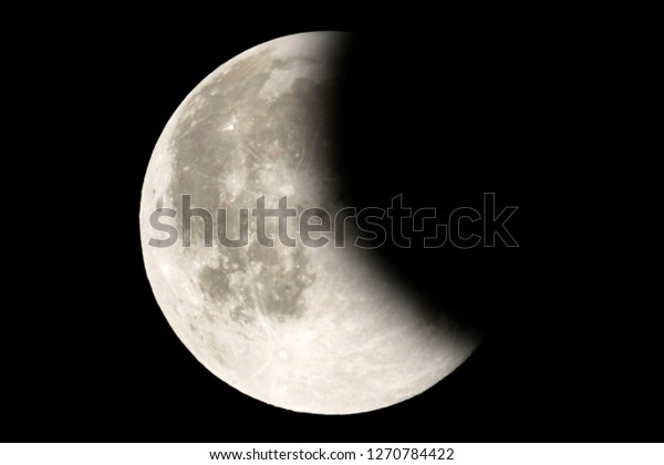 Earth\'s permanent natural satellite - the Moon\
during a Lunar eclipse - penumbra. A lunar eclipse occurs when the\
Moon passes directly behind the Earth. High resolution 6 mp image.\
On black.