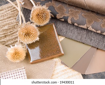 Earthy Brownish Interior Design Plan - Handcrafted Ceramic Tile, Fabric And Paint Color Swatches