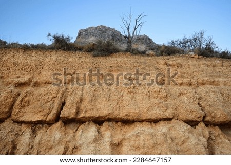 Earthy stone wall formed by different layers of sediments that accumulate horizontally with rocks and some vegetation on top and a clear blue sky in the background