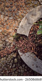 Earthy, top down view of a rustic cobblestone path and a weathered concrete curb filled with dry autumn leaves. A rich, natural texture perfect for organic backgrounds and themes