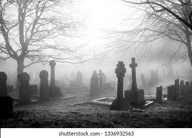 An eary mist covering an English grave yard with about fifty grave stones, the headstones in the foreground are in the shape of large Cristian crosses, two large winter trees  - Shutterstock ID 1336932563