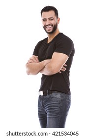 east asian handsome man wearing black tshirt and jeans 