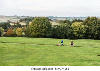 East Carlton, United Kingdom - October 21, 2016: Family Having A Walk With A Dog In The Carlton Country Park, England