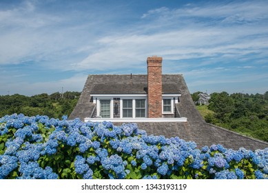 An East Coast Home On Nantucket Island, With A Row Of Beautiful Blue Flowers.