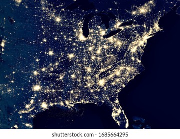 East Coast Of United States In Satellite Picture At Night, US Map View From Space. City Lights Of USA, Photo Of Terrain On Dark Planet. Earth And Tech Theme. Elements Of This Image Furnished By NASA.