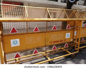 East Delhi, India - June 5, 2021 - Yellow Colored Traffic Barricades From Delhi Police