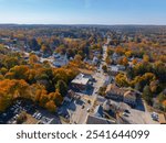 East Douglas historic village center aerial view including Second Congregational Church in fall with fall foliage in town of Douglas, Massachusetts MA, USA. 