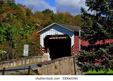 East Earl Township, Pennsylvania - October 19, 2015:  1878 Burr arch-truss Weaverland Road Covered Bridge