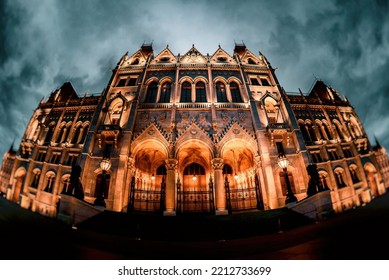 East Facade At Night Of Hungarian Parliament Building At Night. Budapest, Hungary