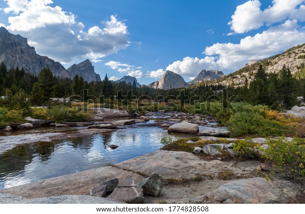 The East Fork River in the Wind River Range of\
Wyoming. Left to right, Ambush Peak, Raid Peak and Midsummer Dome\
are seen to the north.