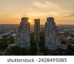 East gate of Belgrade, Silhouette of Brutalist Condominium complex at sunset. Aerial of unique Architecture in Serbia