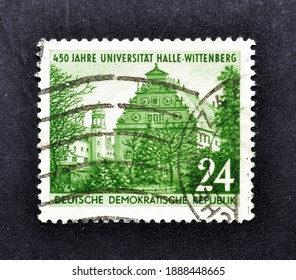 East Germany - Circa 1952 : Cancelled Postage Stamp Printed By East Germany, That Shows University Halle Wittenberg, Circa 1952.