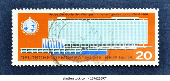 East Germany - Circa 1966 : Cancelled Postage Stamp Printed By East Germany, That Shows New World Health Organization Building, Circa 1966.