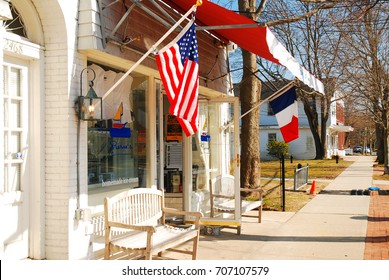 East Hampton, NY, USA March 6,  While Most Businesses In The Hamptons Close After Labor Day, A French Cafe Flies The Tri-colors In East Hampton, New York, Declaring Themselves Open For Business