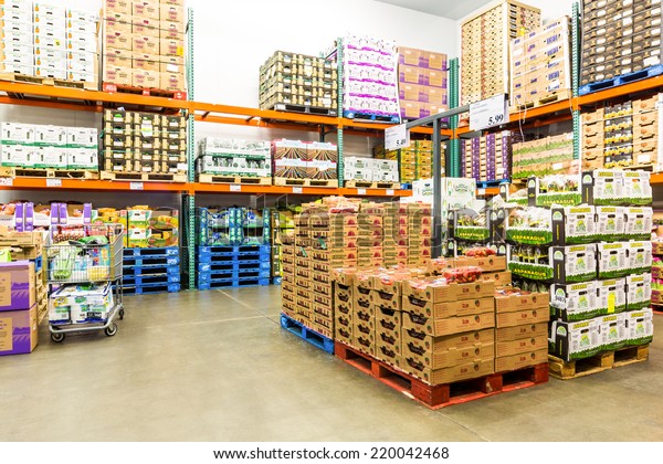 EAST HANOVER, NJ, USA - SEPTEMBER 27, 2104: Fresh\
Produce refrigerated room in a Costco store. Costco Wholesale\
Corporation, a membership only warehouse club, is the second\
largest retailer in USA.