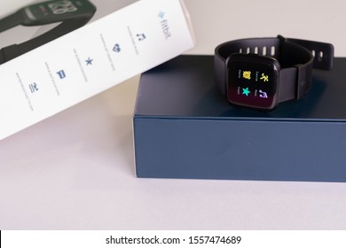 East Hartford, Connecticut, USA – January 2, 2019: close up of black Fitbit versa on the original box, Fitbit was recently acquired by Google’s parent company Alphabet