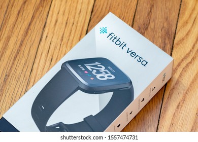 East Hartford, Connecticut, USA – November 3, 2019: close up of Fitbit versa in the original box, Fitbit was recently acquired by Google’s parent company Alphabet
