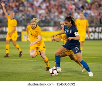 East Hartford, CT - July 29, 2018: Alex Morgan (13) Of USA Controls Ball During Tournament Of Nations Game Against Australia At Pratt & Whitney Stadium